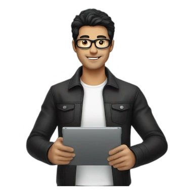 male holding a digital tablet eye glasses black hair sticker