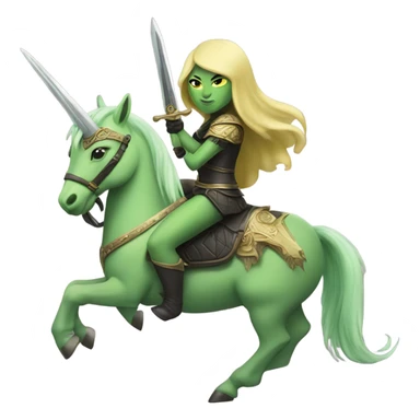 green amazon alien woman on a light yellow unicorn with black mane holding a sword and shield

a green amazon alien woman on a light yellow unicorn with black mane holding a sword and shield sticker