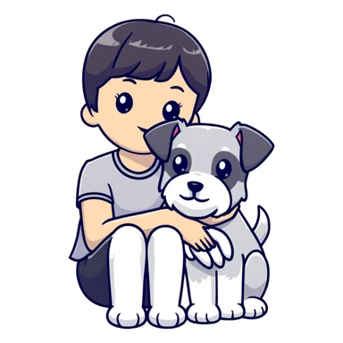 Girl with short black hair and bangs holding a white schnauzer dog sticker