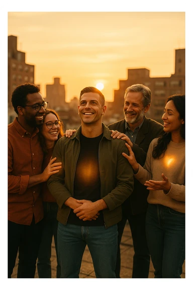 A cinematic scene of a man in his early 30s standing at the center of a sunlit urban rooftop during golden hour, surrounded by a diverse group of supportive, smiling people — friends, mentors, colleagues. They’re standing slightly behind or beside him, hands on his shoulder or gesturing toward him with encouragement. The man looks forward with a confident, inspired expression, body slightly relaxed, as if something inside di lui sta cambiando. The light behind the group forms a halo effect, emphasizing warmth and unity. Subtle visual symbolism: faint glow around their hands and hearts, suggesting their energy is uplifting him. Realistic clothing, modern style — jeans, T-shirts, casual jackets. The mood is inspiring, grounded, and full of potential. Shot in 35mm film style, with rich warm tones, shallow depth of field, and vibrant human detail. sticker