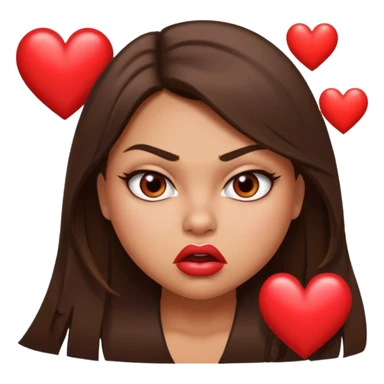 Sexy tanned beautiful girl with plump lips and brunette straight hair with angry looking face but with 3 hearts on top right, middle left and bottom right  sticker