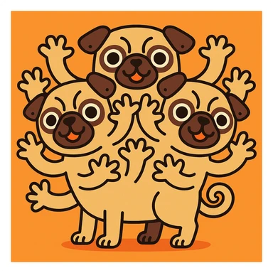 whimsical and clear design of a pug with three heads, each head has three arms coming out of it, and a small divot in each ear sticker