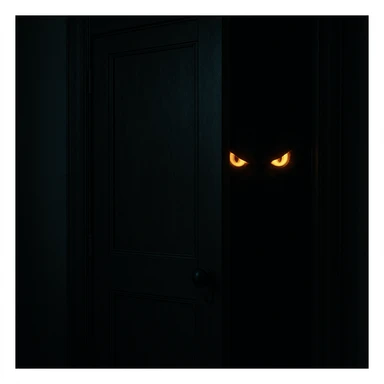 a pair of sinister eyes glowing in the darkness of a slightly open wardrobe, hinting at a hidden boogeyman sticker
