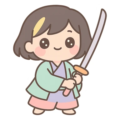 kawaii samurai girl with short hair and one streak of blonde in her hair, cute expression, holding a katana, pastel colors, soft shading sticker