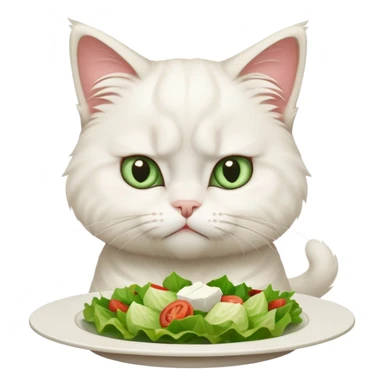 grumpy white cat sitting at a table, looking confused with its ears slightly back. In front of the cat is a plate with a salad with mouth a little open, and disagreement in the cat's face sticker