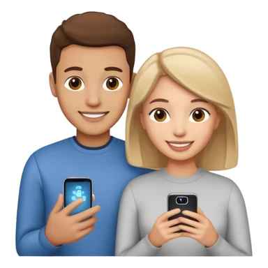 Generate a realistic emoji of a two people using a phone which shows artificial intelligence sticker