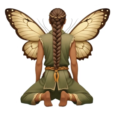 full body druid man, tan skin, long braid, from behind kneeling at lake edge, moths around shoulders sticker
