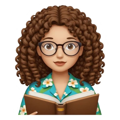 Hawaïen skin tone young lady with curly ringlets long brown hair studying. She is wearing glasses and has a round shaped face sticker