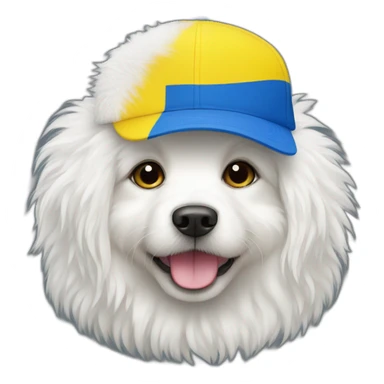 white dog fluffy with cap ukraine flag sticker