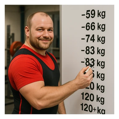 European powerlifter in front of a whiteboard with weight categories written, marking the chosen category with a marker, satisfied expression, competition clothing, realistic details, weight room background sticker