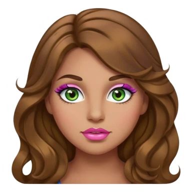 Girl girl long wavy brown hair, green/blue/gold eyes, plus size, thick eyelashes, tan skin, pink lips sticker