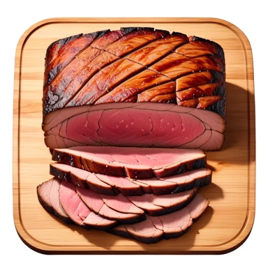 Cinematic smoked brisket, deep mahogany crust, perfectly sliced to reveal juicy marbled meat, warm smoky aroma, served on a wooden board, rich and flavorful, ultra-detailed and appetizing. sticker