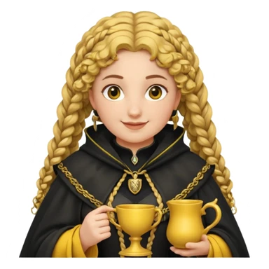 Helga Hufflepuff, 2 curly thick brown braids, yellow-black medieval dress, black cloak decorated with gold braiding, tiny two-handled shiny yellow-gold cup, very kind smile, curvy busty sweet woman, thick rosy cheeks sticker
