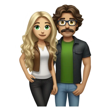 (brunette, brown eyed, madison beer) standing next to (handsome long hair blonde man, mustache, blue/green eyes, brown glasses) sticker