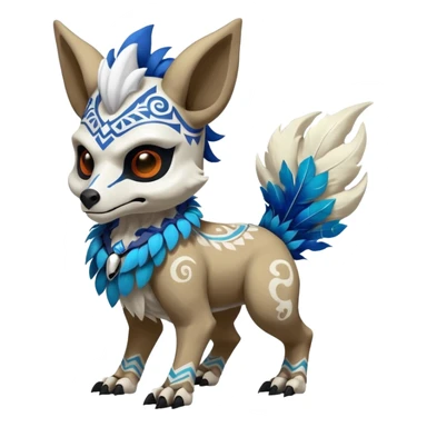 Furry cute colorful exotic tribal feral anime-styled duskull-Cubone-Fakémon-Pokémon-animal-creature with a white wolf-skull-head-mask-face, and blue feathers around neck, with long furry ears, long furry tail, 4 legs, (full body), with intricate pattern-markings sticker