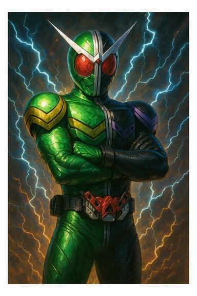 Kamen Rider W, standing with arms crossed, confident, stylized tokusatsu look sticker