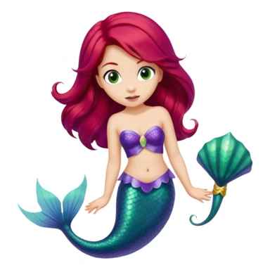 Ariel from Disney's The Little Mermaid, looking curious, with red hair, purple seashell top, and green mermaid tail, apple-style emoji art sticker