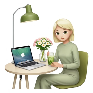 realistic macbook computer, fashion/interior magazines, flowers in a little vase, louis poulsen portable lamp with a dimmed cozy light and a iced matcha. very scandinavian aesthetic sticker