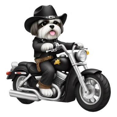 Back and white Shih tzu wearing back cowboy hat riding black motorcycle sticker