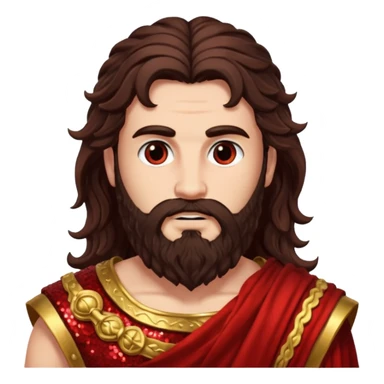 Mars, God of War from Roman Deities with long dark brown wavy hair and beard, deep red sequin toga sticker