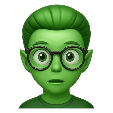 Create an alien with glasses in Apple emoji style with green skin and no background. The style should mimic Apple emojis. sticker