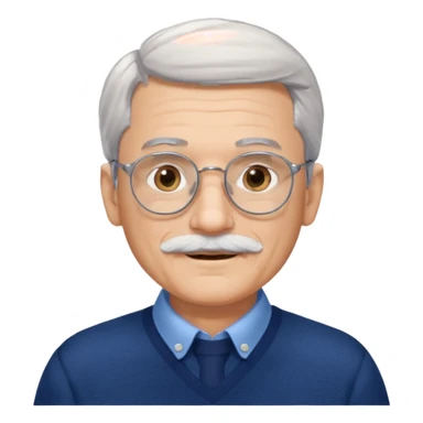 Style anchor + Senior male American, light skin, gray hair, silver round glasses, neat white mustache, navy sweater over blue collared shirt, calm. sticker