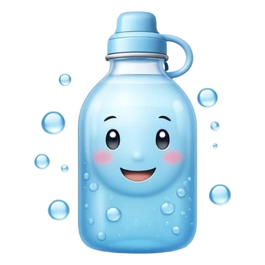 Cute Kawaii Water Bottle, round and bubbly, soft blue with tiny water droplets around, a happy smiling face, gentle glowing highlights, fresh and refreshing vibes! sticker