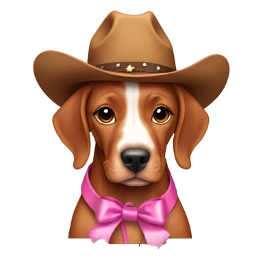 A female vizla puppy with a pink ribbon around her neck and cowboy boots on sticker