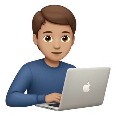 memoji of a man with a laptop in front, apple-style,modern,brown hair light skin ton and natural emotion, working sticker