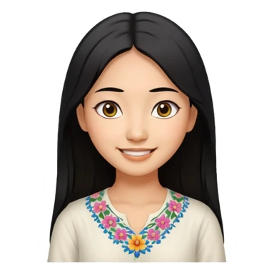 30 yr old asian woman center parted hair big eyes big smile tanned skin straight black hair hippie part hair white blouse sticker