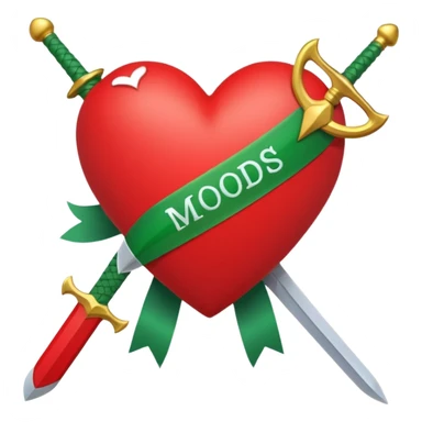 a red heart pierced by a green sword, with the text 'MODS' on a white ribbon sticker