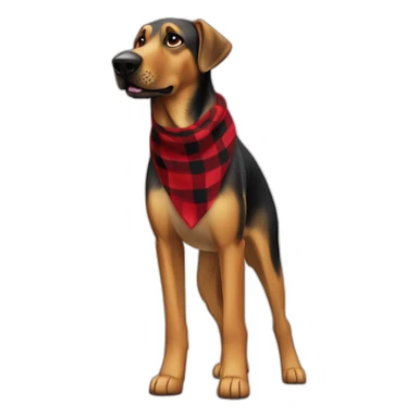 adult 75% Coonhound 25% German Shepherd mix dog with visible tail wearing small pointed red buffalo plaid bandana full body walking left quickly sticker