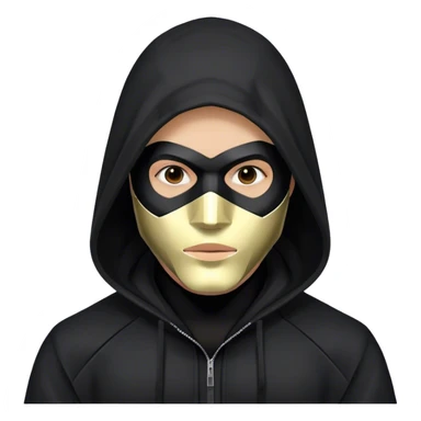 man with black hooded jacket and a black full-face geometric mask sticker