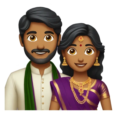 south indian girl with hair wearing dark green saree marrying south indian guy with straight hair and wearing dhoti in purple sticker