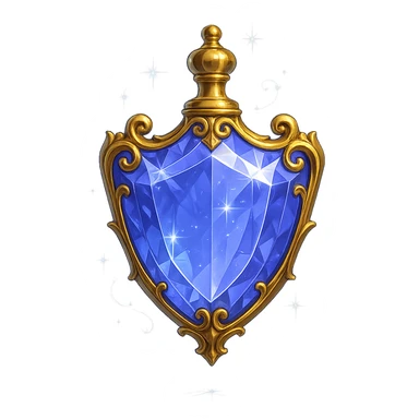 luxurious crystal elixir bottle in shield shape, color #7986cb, lots of shining, edges, ornaments, golden details, magical effects, very small golden neck, transparent background, beautiful seamless base, bottle clearly floating in air, no base or shadow, premium class impression, modern and exclusive design, matching a collection of crystal, luxurious, magical bottles sticker