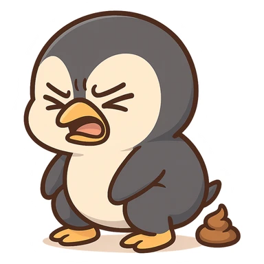 a comical and expressive penguin squatting and pooping sticker