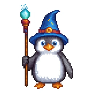 A penguin wizard holding a magic staff in pixel art style, no background sticker