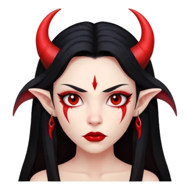 Head only: demon girl, 100% red skin, long black hair, small horns, sharp cheekbones, serious eyes, full lips, pointed ear; centered, no body, no text. sticker