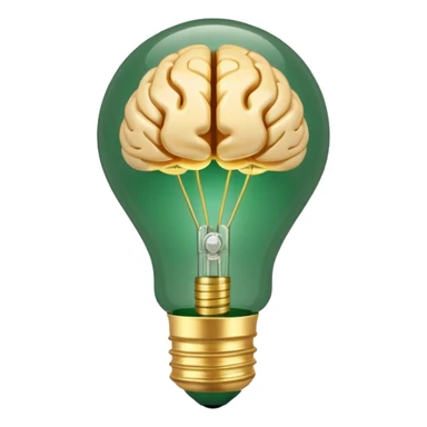 3D lightbulb icon with brain pattern inside, glowing softly, modern glossy style, deep green (#0B3D2C) base, gold (#C9B037) filament glow, cream (#F5F5DC) light, transparent background, premium render sticker