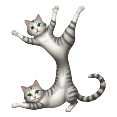 grey and white cat with green eyes doing a big extremely long stretch reaching up into the air with arms and legs side by side together straight and overextended whilst lying on its side sticker