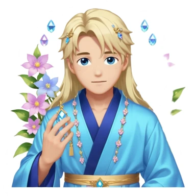 Beautiful gorgeous blushing blue-eyed youthful elegant handsome anime guy with beautiful iridescent-special-medium-long-hair, fashion aesthetic, ethereal, fairycore, pastelcore, flower petals, crystals, layered robes, accessories, jewelries, gold, colorful, shiny, trending style, outside sticker