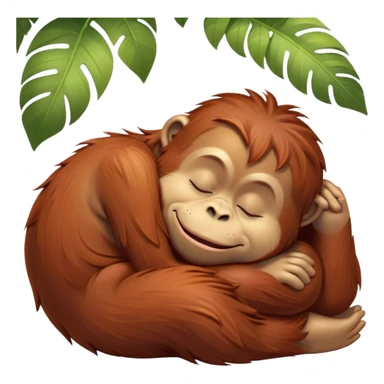 Meme-Worthy cute Sleeping Orangutan Portrait Emoji, Head resting peacefully with a contented smile, showcasing luxuriously soft fur and eyes gently closed in serene slumber, Simplified yet comically adorable features, highly detailed, glowing with a soft, drowsy jungle light, high shine, relaxed and utterly lovable, stylized with an air of playful laziness, bright and heartwarming, soft glowing outline, capturing the essence of a sleeping orangutan that feels destined to become the next viral icon of adorable rest! sticker