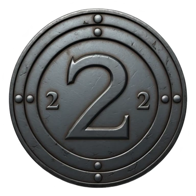 Minimal emoji, gothic metal coin made of black steel, engraved number 2 at the center, ancient industrial aesthetic, worn metal texture, no glow, no neon, flat emoji design, centered, transparent background sticker