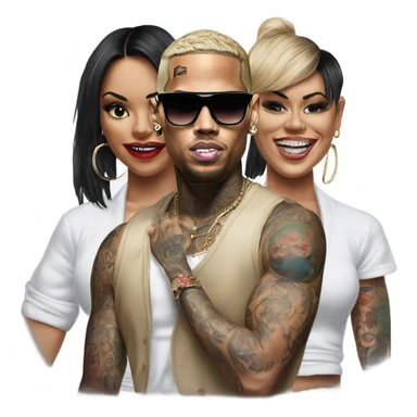 Hyper Realistic Chris Brown  wearing sunglasses with 2 female tattooed dancers sticker