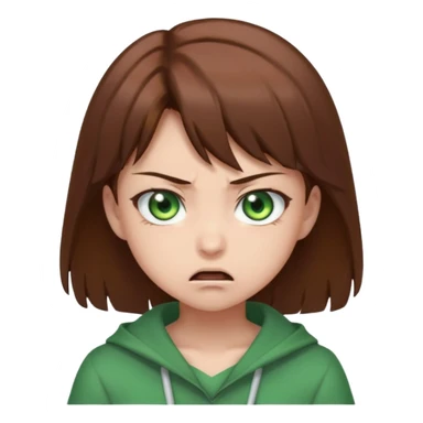 kawaii anime girl with green eyes and brown hair, angry expression sticker