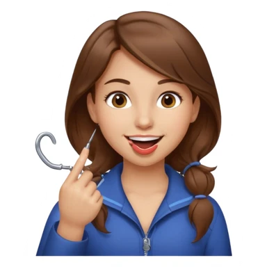 Emoji Fille cheveux long et brun yeux brun et que elle mette un doigt dans sa bouche qui forme un crochet et que elle fait un sourire  sticker