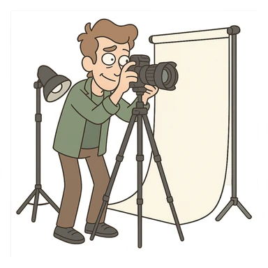 flat toon style photographer in a studio with camera and backdrop sticker