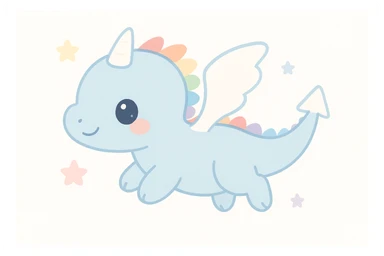 cute baby blue dragon with light blue body, big white wings, white horn, tail with white triangle tip, flying in side view, big eyes, small size, dragon ridge along back with small ridges in rainbow order: red, orange, yellow, green, blue, purple, ending at start of tail sticker