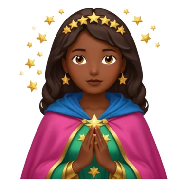 Mujer de piel morena, rostro sereno, manos juntas. Vestido rosa rojizo manto capa azul verdoso con muchas estrellas doradas pequeñas Resplandor como rayos de luz dorado alrededor del cuerpo. sticker