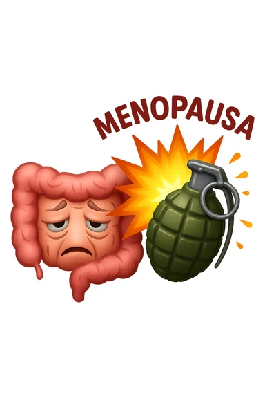 EMOJI STILE IPHONE DI INTESTINO ANZIANO CON RUGHE SFINITO, ACCANTO A LUI SCOPPIA UNA GRANATA 3D CON LA SCRITTA "MENOPAUSA" SOPRA sticker